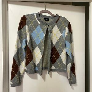 Marled Argyle Cardigan - Gray, Blue, Brown